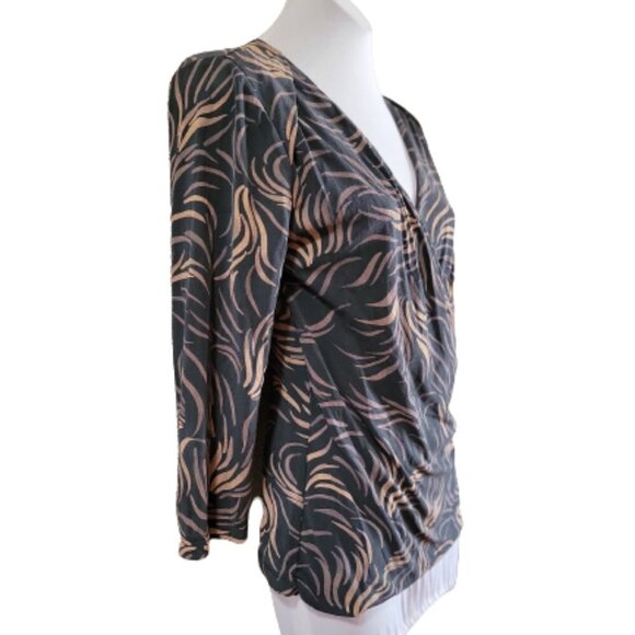 Tesori Beige & Charcoal Colored Swirl Design Wrap Blouse in Size S - Picture 3 of 5